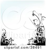 Clipart Illustration Of A Faint Blue And White Background Bordered By Black Silhouetted Plants In The Lower Corners by dero
