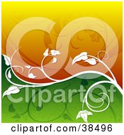 Clipart Illustration Of A Wavy Background Of Orange And Green Divided By A White Vine With Silhouetted Plants by dero