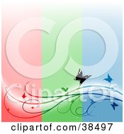 Clipart Illustration Of A Vertical Striped Red Green And Blue Background With A Vine And Butterflies Spanning The Bottom by dero