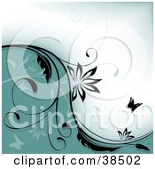 Clipart Illustration Of A Greenish Blue And White Background Divided By A Black Vine And Butterfly Silhouettes by dero