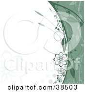 Clipart Illustration Of A Green Border Of Vines And Flowers Along A White Background With Faint Flower Silhouettes by dero