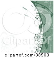 Poster, Art Print Of Green Border Of Vines And Flowers Along A White Background With Faint Flower Silhouettes