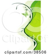 Clipart Illustration Of Waves Of Green Lines Spots And Vines Along The Right Side Of A White Background With A Green Butterfly by dero