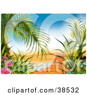 Clipart Illustration Of A Wooden Path Spanning Over A Stream On A Beach Surrounded By Flowers And Palms