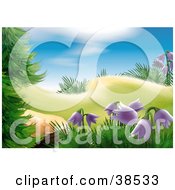 Clipart Illustration Of A Patch Of Wild Purple Bell Flowers Growing On A Forest Hill