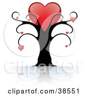 Poster, Art Print Of Black Tree With One Large Red Heart On Top And Smaller Hearts Suspended From The Branches