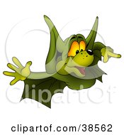 Clipart Illustration Of A Flying Green Bat Pointing Right