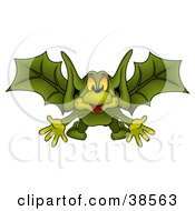 Clipart Illustration Of A Happy Green Bat Flying Forwards With His Arms Out