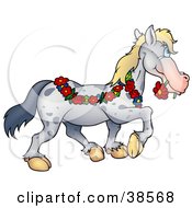 Spotted Gray Horse Draped In A Floral Garland Biting A Red Daisy In Its Mouth