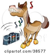 Poster, Art Print Of Brown Horse Dancing To Music Playing On A Boom Box