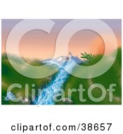 Clipart Illustration Of A Rushing Blue Stream Flowing Down A Grassy Hillside At Sunrise