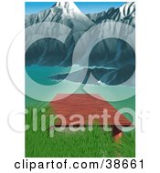 Poster, Art Print Of Wooden Dock Over A Mountain Lake With Steep Cliffs In The Background