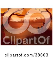 Clipart Illustration Of Bare Tree Branches Framing A Scene Under A Red Sunset by dero