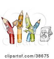 Yellow Green And Blue Colored Pencils Laughing As A Red One Shows Off A Shaving