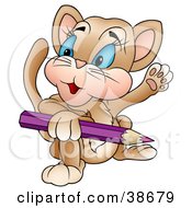 Clipart Illustration Of A Friendly Cat Holding A Purple Color Pencil And Waving