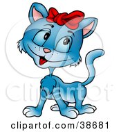 Clipart Illustration Of A Cute Blue Cat Wearing A Red Ribbon On Her Head by dero