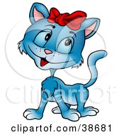 Poster, Art Print Of Cute Blue Cat Wearing A Red Ribbon On Her Head