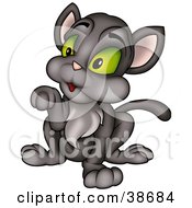 Clipart Illustration Of A Dark Gray Cat With Green Eyes Sitting And Holding Up A Paw by dero