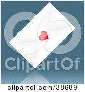 Shiny Red Heart Sealing A White Envelope Over A Reflective Blue Background