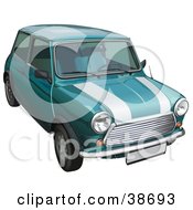 Vintage Green Mini Cooper Car With White Stripes On The Hood