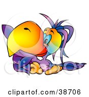 Poster, Art Print Of Blue Eyed Purple Parrot With A Big Orange Beak Pointing To The Left