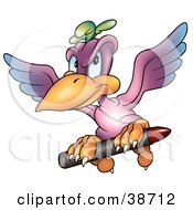 Clipart Illustration Of A Purple Parrot Flying With A Red Crayon by dero