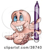 Clipart Illustration Of A Grinning Pink Octopus Holding A Purple Marker by dero