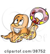 Clipart Illustration Of A Grinning Orange Octopus Holding Up A Life Preserver by dero