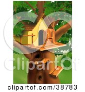 Clipart Illustration Of Wood Steps Leading Up To A Treehouse In A Lush Green Tree