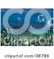 Poster, Art Print Of Underwater Scene Of Aquatic Plants Shells Hills Bubbles And Jellyfish