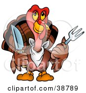 Brown Thanksgiving Turkey Bird Wearing A Bib And Holding A Fork And Knife
