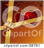 Poster, Art Print Of Gold Bow And Ribbons Over Hearts Vines And Butterflies On An Orange Background