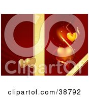 Poster, Art Print Of Golden Floral Ribbon Dividing A Bursting Red Background With Hearts From A Red Background With Orange Hearts And Ribbons