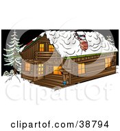 Clipart Illustration Of A Big Log Cabin In The Snow At Night