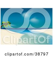 Clipart Illustration Of A Lone Coconut Palm Tree Leaning Over Water On A White Sandy Tropical Beach by dero