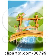 Poster, Art Print Of Flowering Vines Growing On The Rails Of An Arched Wood Footbridge Over A Creek Between Green Hills