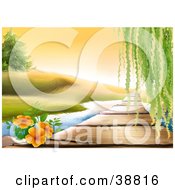Clipart Illustration Of Orange Flowers And Willow Tree Leaves Hanging Down Over A Wooden Path Over A Stream by dero