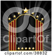 Clipart Illustration Of A Blank Movie Theater Sign With Red Bars And Golden Stars On A Bursting Black Background by elaineitalia #COLLC38832-0046