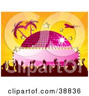 Poster, Art Print Of Plane Flying Over A Pink Disco Ball With A Blank Sign Stars Palm Trees And A Crowd On A Bursting Orange Background