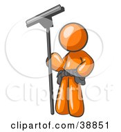 Orange Man Window Cleaner Standing With A Squeegee