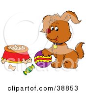 Poster, Art Print Of Playful Puppy With A Ball Near A Bowl Of Dog Food
