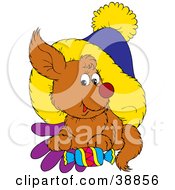 Dog Resting On Mittens Under A Hat With A Piece Of Candy