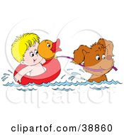 Poster, Art Print Of Dog Pulling A Boy In A Duck Inner Tube While Swimming