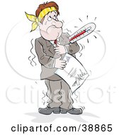 Clipart Illustration Of A Determined Sick Businessman With A Thermometer Under His Arm Holding A Report by Alex Bannykh