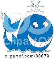 Clipart Illustration Of A Playful Blue Whale Shooting Water Up Through Its Spout And Waving With A Fin by Alex Bannykh
