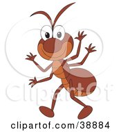 Poster, Art Print Of Happy Brown Ant Waving With His Four Hands