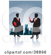 Poster, Art Print Of Black Silhouetted Corporate Business Men In Suits With Briefcases And Paperwork With A City Skyline