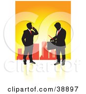 Poster, Art Print Of Black Silhouetted Business Guys In Suits With Briefcases And Paperwork With A City Skyline