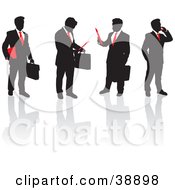 Poster, Art Print Of Team Of Black Silhouetted Business Men In Suits With Red Ties Talking On Phones Holding Papers And Briefcases