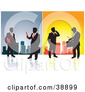 Poster, Art Print Of Silhouetted Businessmen In Front Of A City Skyline On Blue And Orange